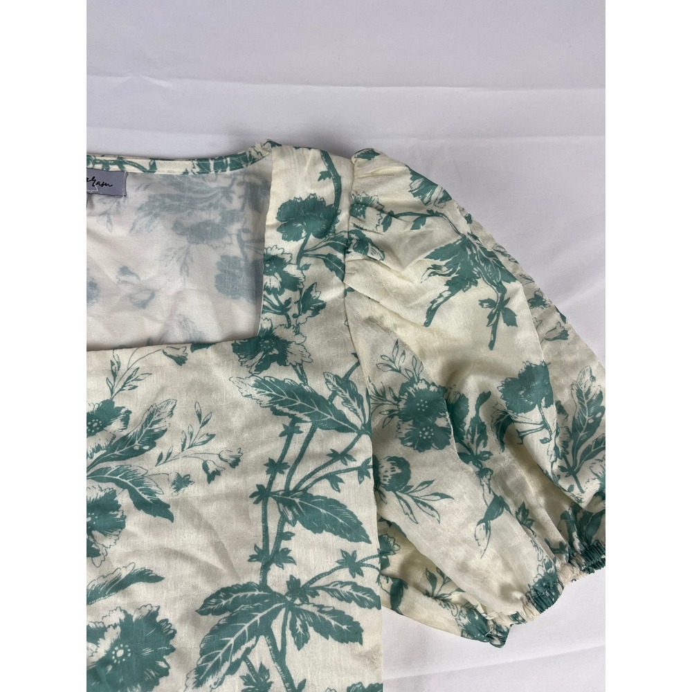 Polagram‎ Square Neck Puff Sleeve Floral Mini Dress Green White Size S